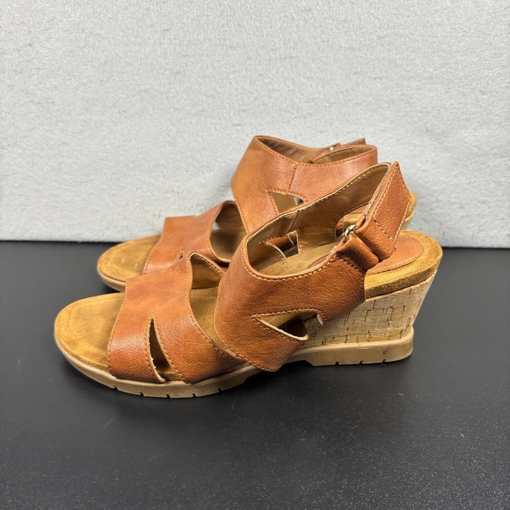 Eurosoft Sadra Brown Leather Strappy Cork Wedge Sandals Shoes Women's Size 7M